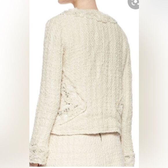 Alice + Olivia Nilla Cream Embellished Tweed Fringe Beaded Trim Boxy Cut Jacket - Picture 3 of 14